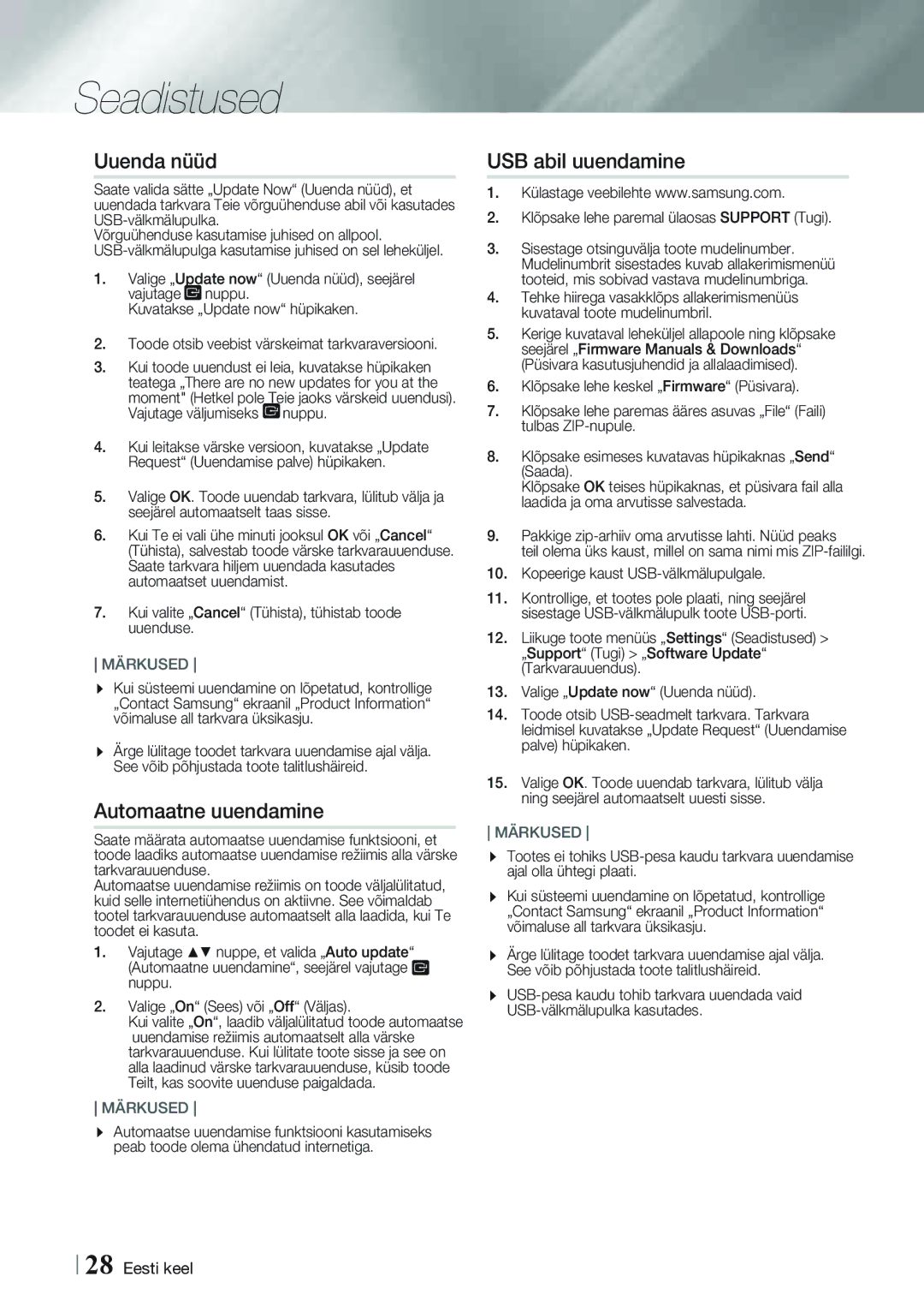 Samsung HT-FS9200/EN manual Uuenda nüüd, Automaatne uuendamine, USB abil uuendamine, Vajutage väljumiseks 