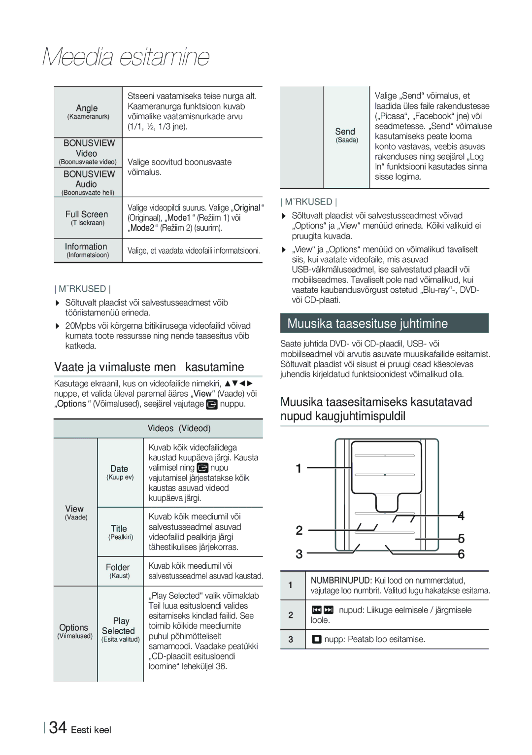 Samsung HT-FS9200/EN manual Vaate ja võimaluste menüü kasutamine, Muusika taasesituse juhtimine 