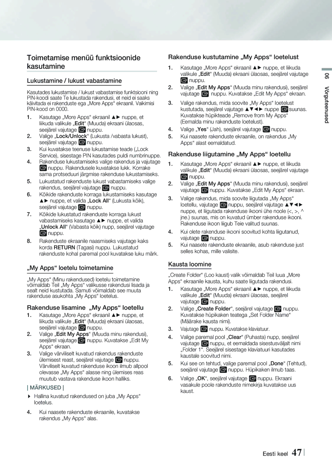 Samsung HT-FS9200/EN manual Toimetamise menüü funktsioonide kasutamine, Lukustamine / lukust vabastamine 