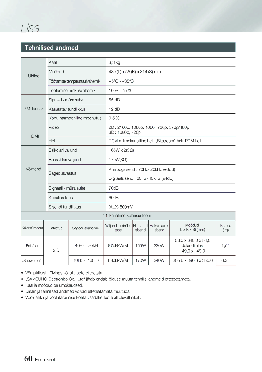 Samsung HT-FS9200/EN manual Tehnilised andmed 