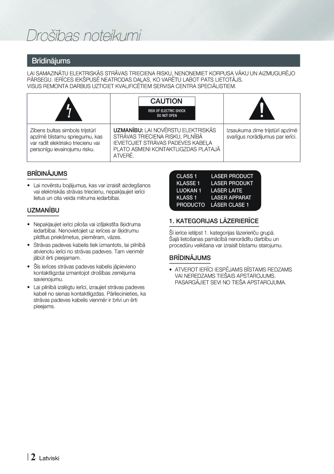 Samsung HT-FS9200/EN Drošības noteikumi, Strāvas Trieciena RISKU, Pilnībā, Ievietojiet Strāvas Padeves Kabeļa, Atverē 