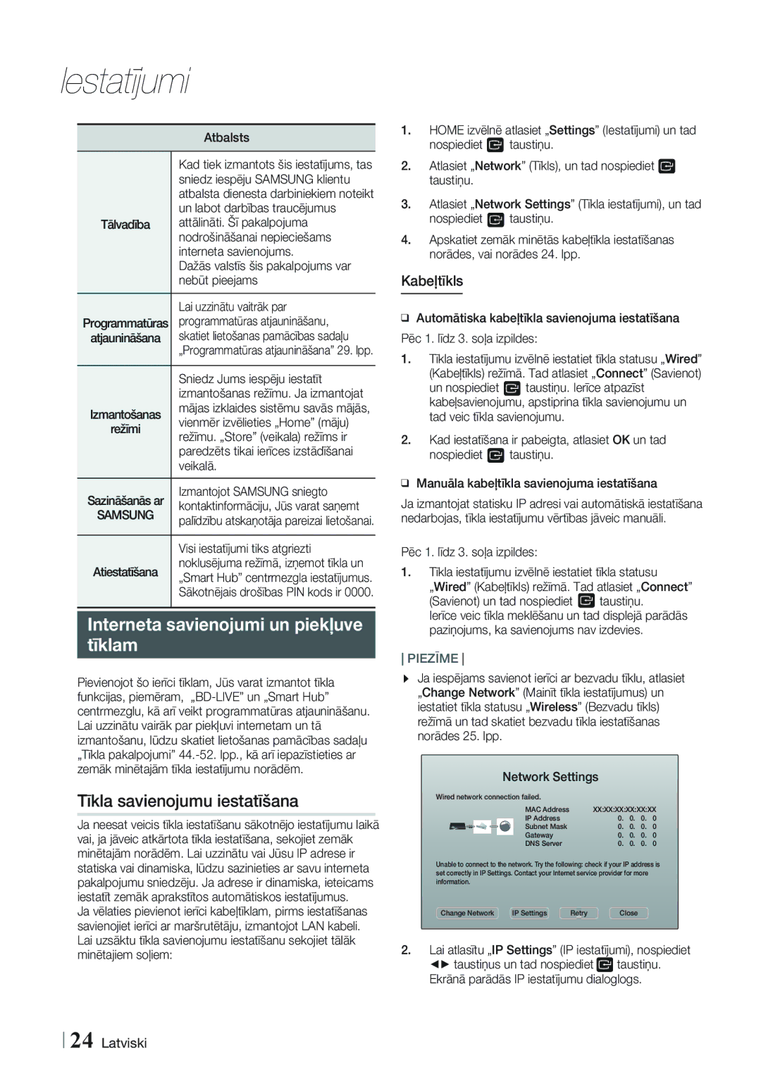 Samsung HT-FS9200/EN manual Interneta savienojumi un piekļuve Tīklam, Tīkla savienojumu iestatīšana, Kabeļtīkls 