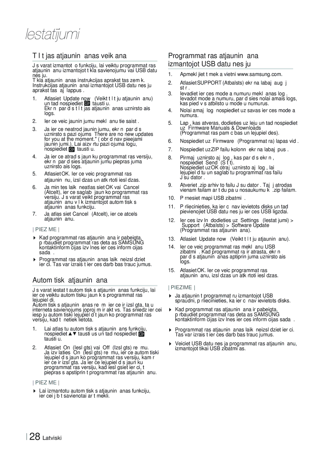 Samsung HT-FS9200/EN manual Tūlītējas atjaunināšanas veikšana, Automātiskā atjaunināšana 