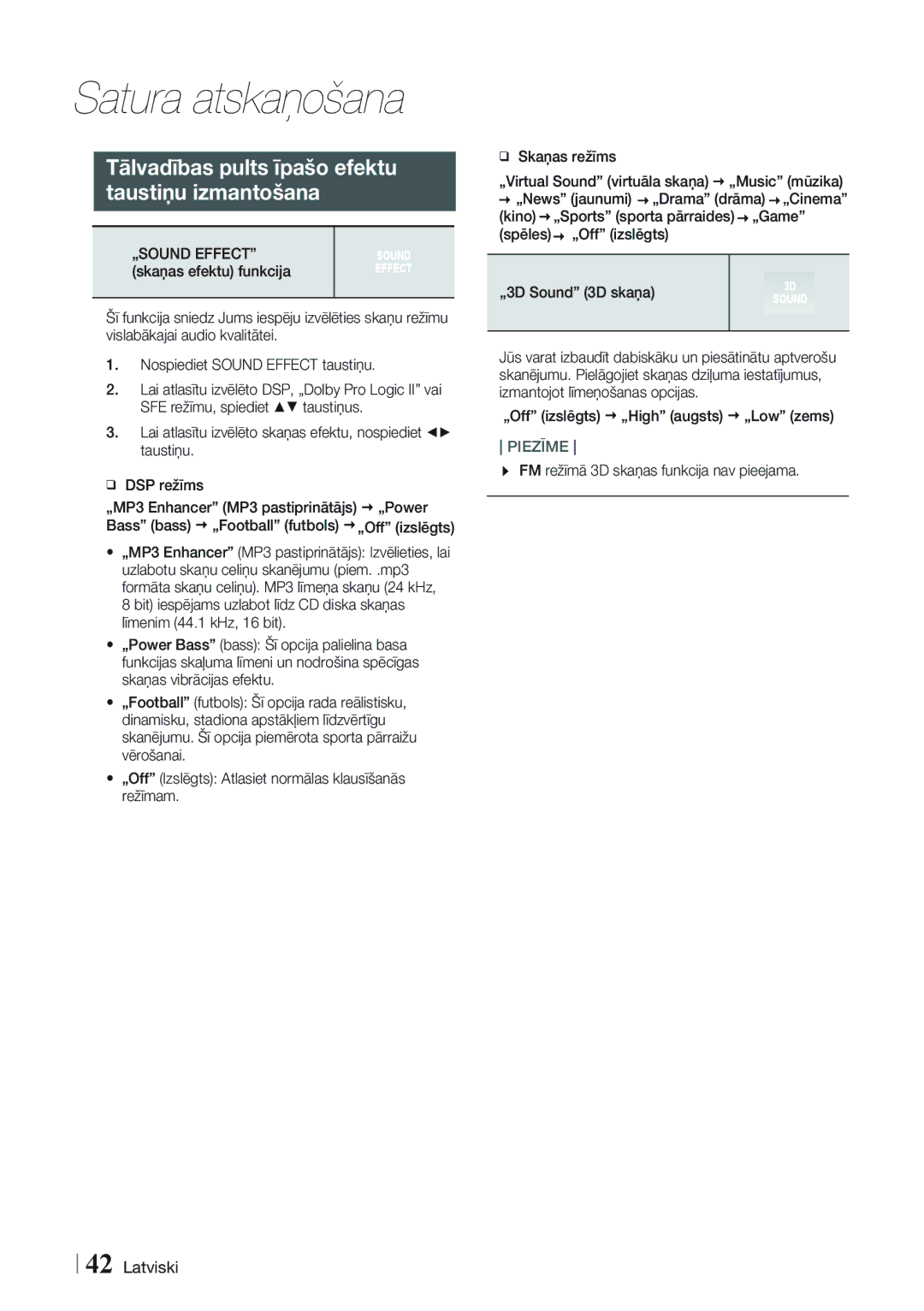 Samsung HT-FS9200/EN manual Tālvadības pults īpašo efektu Taustiņu izmantošana, „SOUND Effect, Skaņas efektu funkcija 