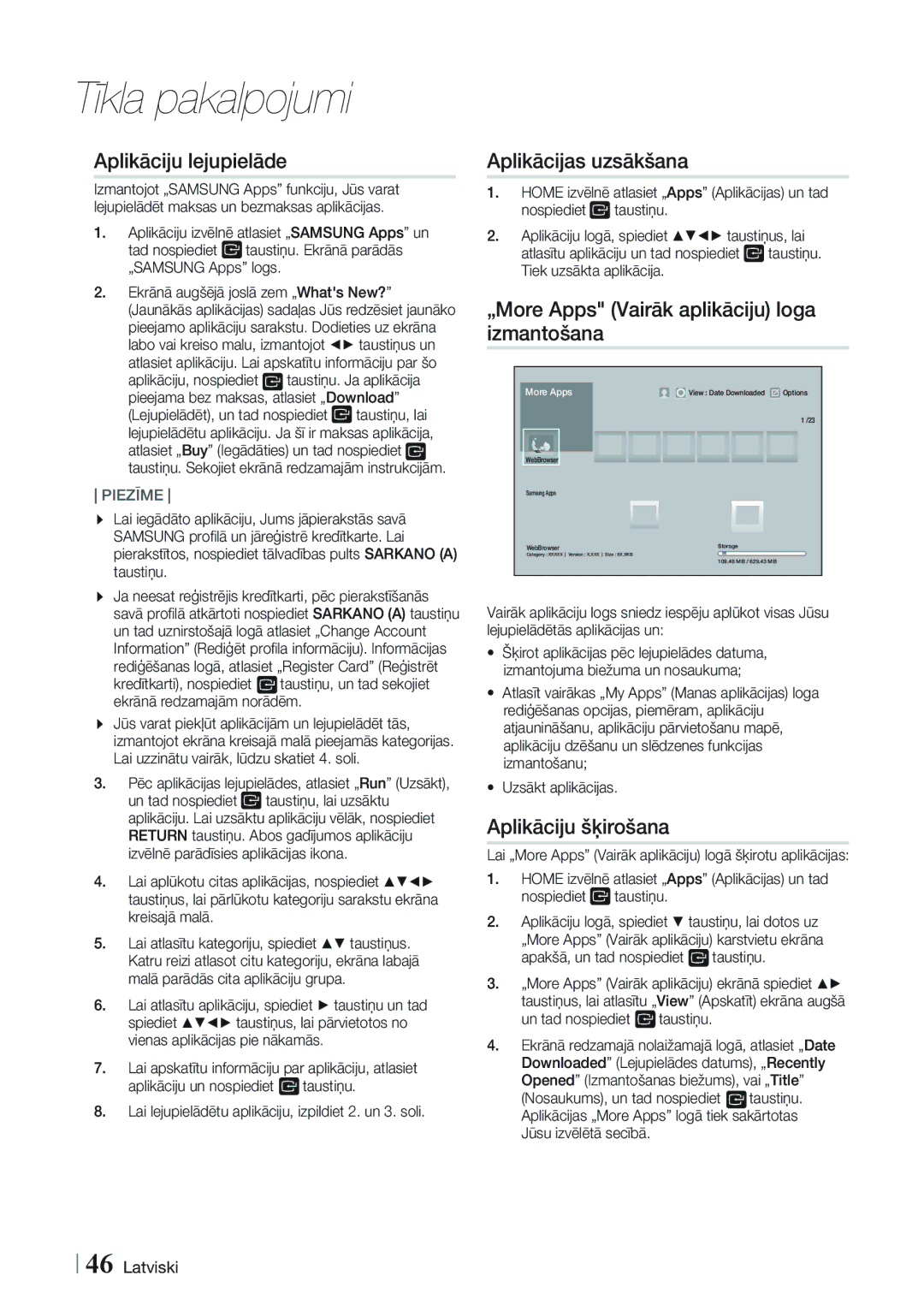 Samsung HT-FS9200/EN manual Aplikāciju lejupielāde, Aplikācijas uzsākšana, „More Apps Vairāk aplikāciju loga izmantošana 