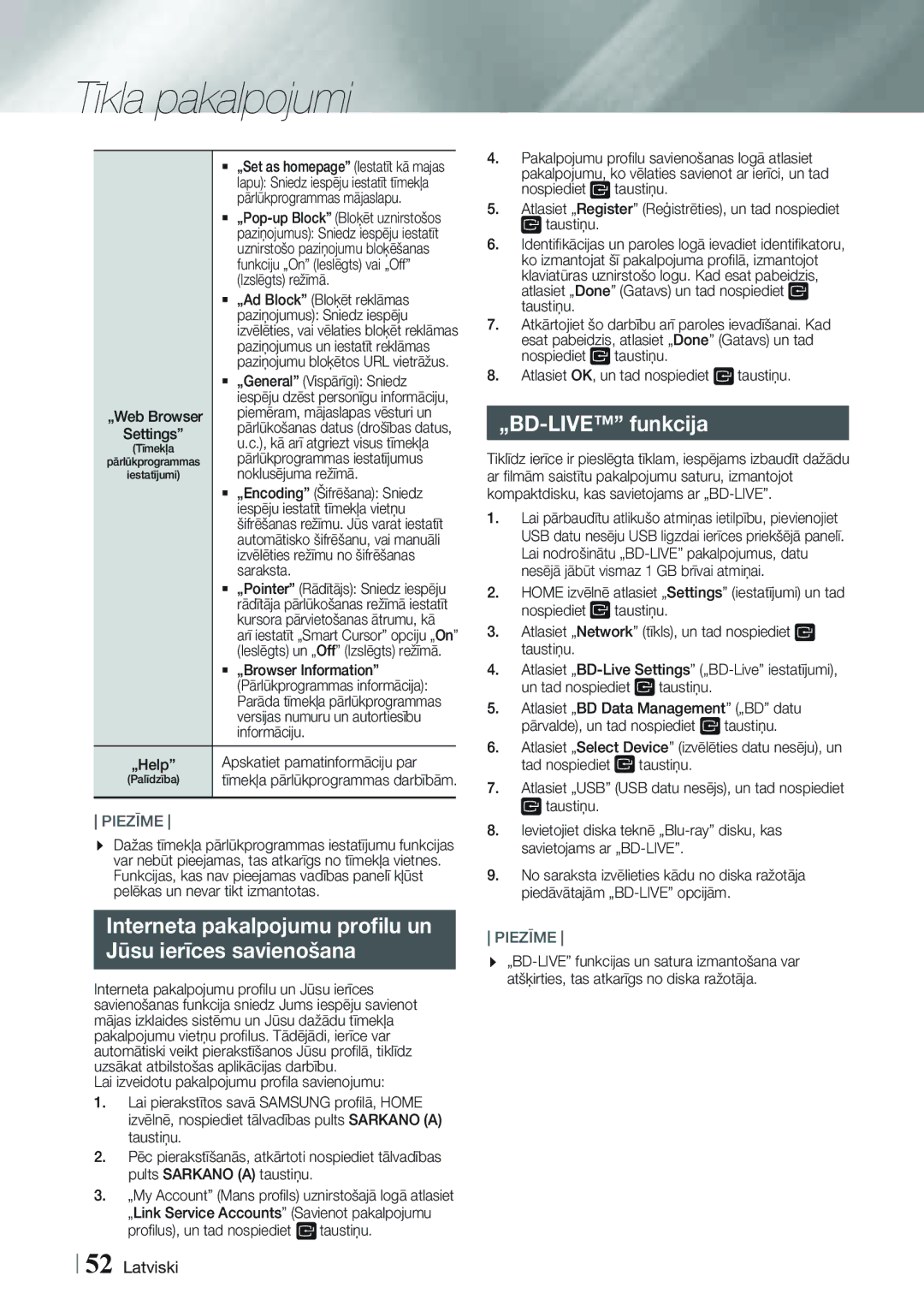 Samsung HT-FS9200/EN manual Interneta pakalpojumu proﬁlu un Jūsu ierīces savienošana, „BD-LIVE funkcija 