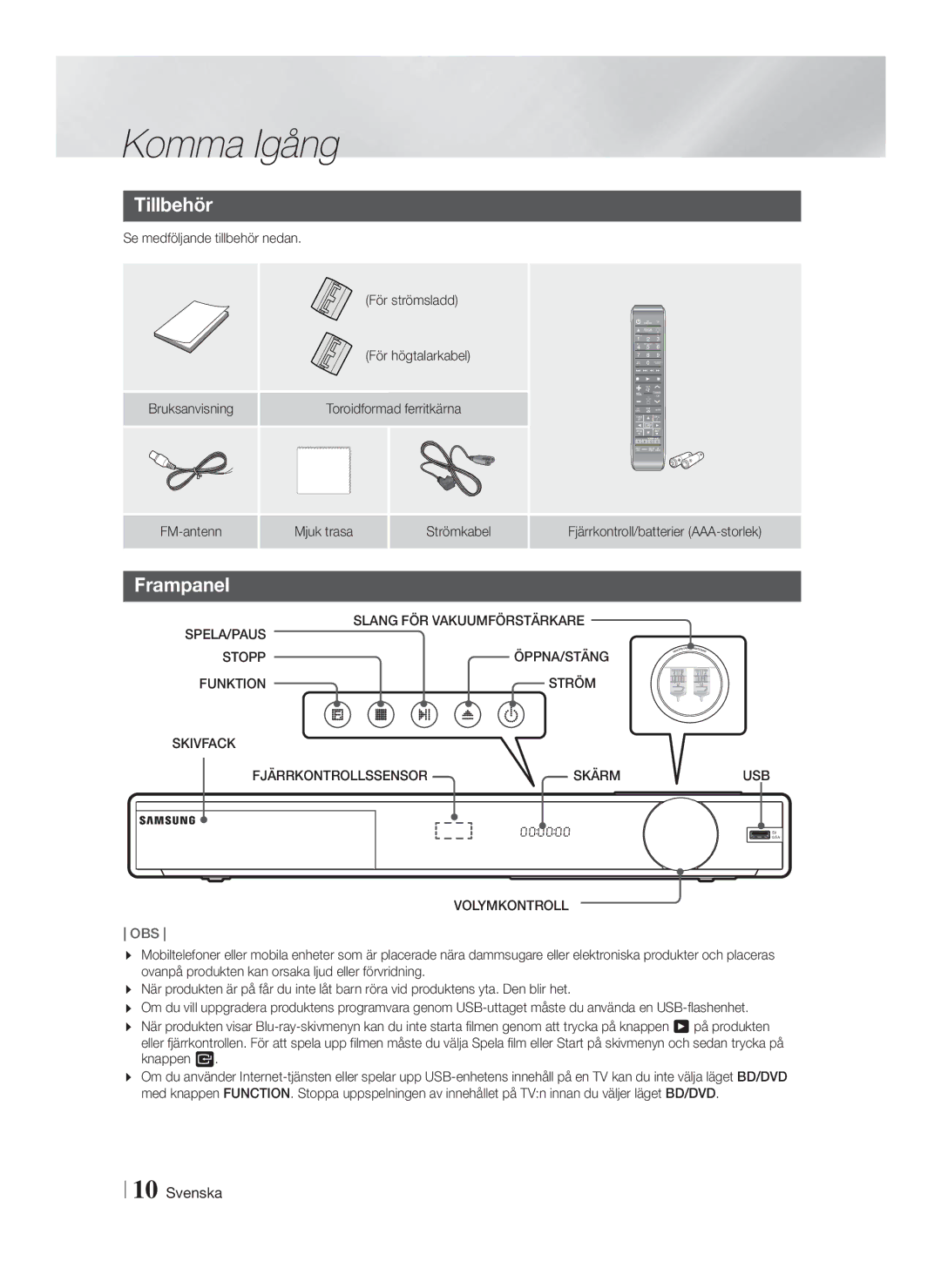 Samsung HT-FS9200/XE manual Tillbehör, Frampanel, SPELA/PAUS Slang FÖR Vakuumförstärkare Stopp, Funktion Ström 