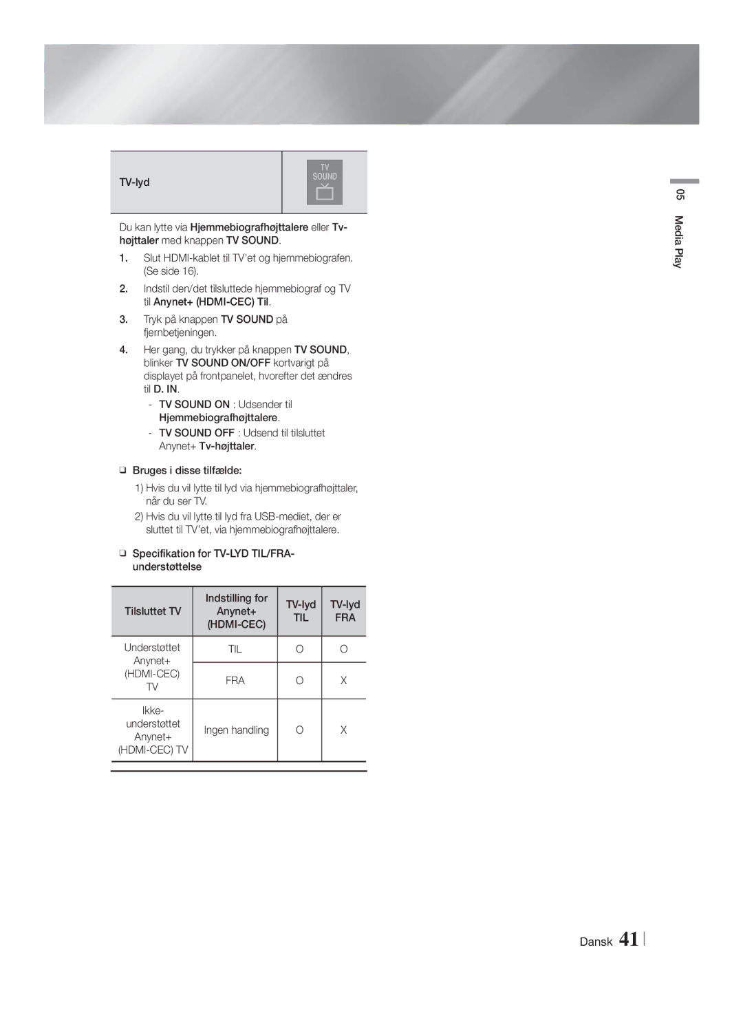 Samsung HT-FS9200/XE manual TV-lyd, Til 