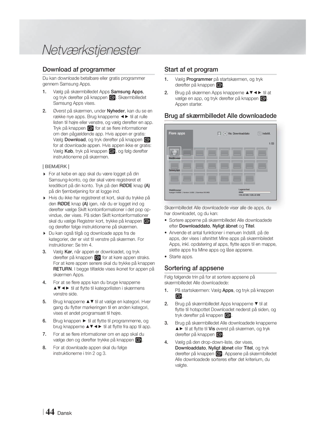 Samsung HT-FS9200/XE Download af programmer, Start af et program, Brug af skærmbilledet Alle downloadede, Starte apps 