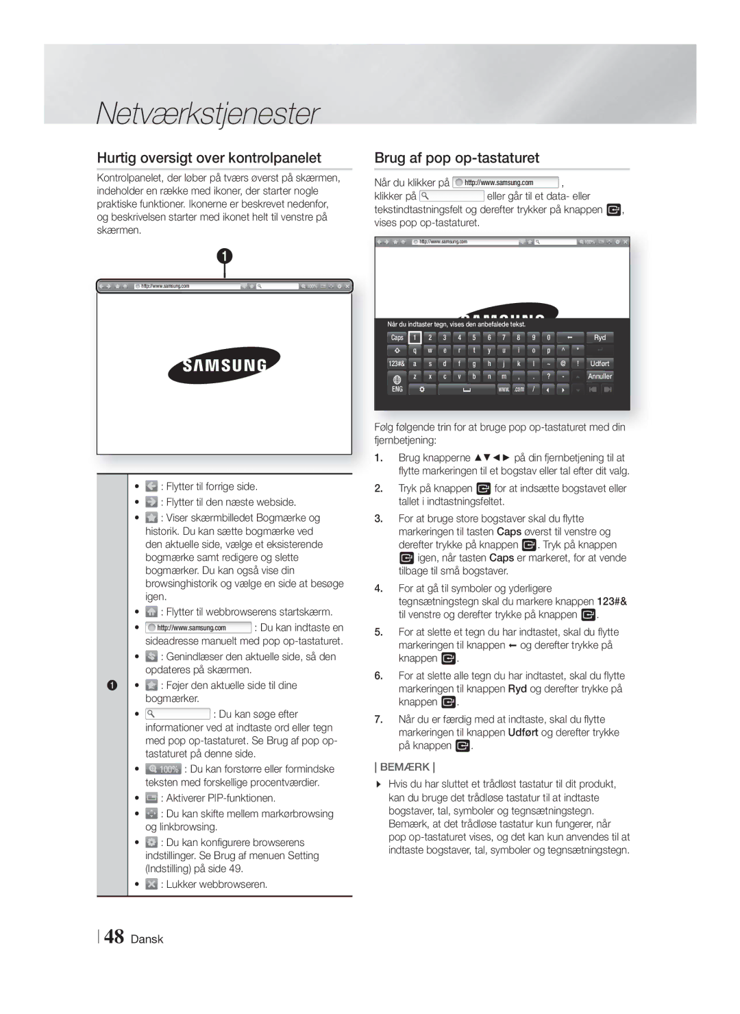 Samsung HT-FS9200/XE manual Hurtig oversigt over kontrolpanelet, Brug af pop op-tastaturet 