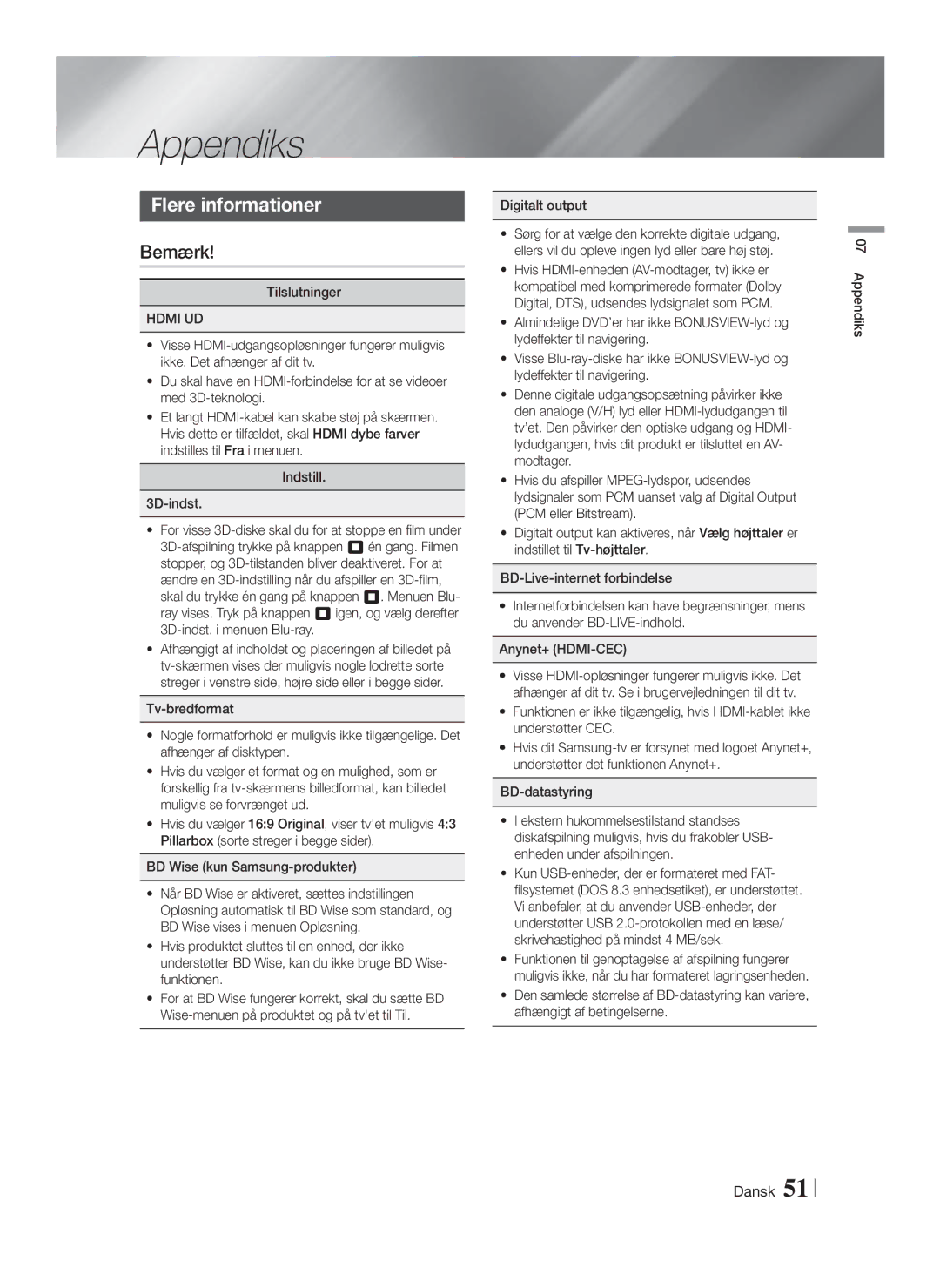 Samsung HT-FS9200/XE manual Appendiks, Flere informationer, Bemærk, Hdmi UD 