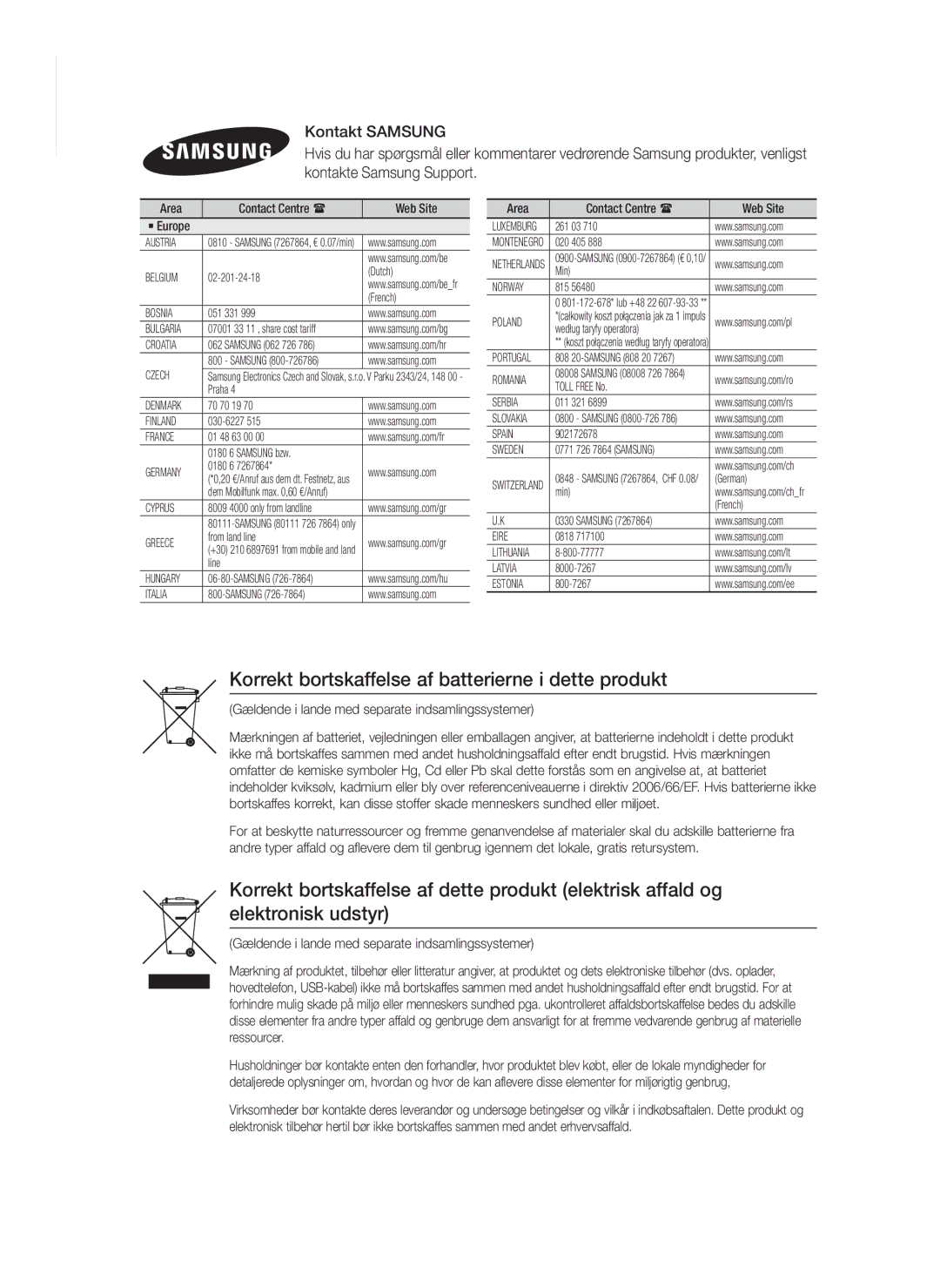 Samsung HT-FS9200/XE manual Korrekt bortskaffelse af batterierne i dette produkt 