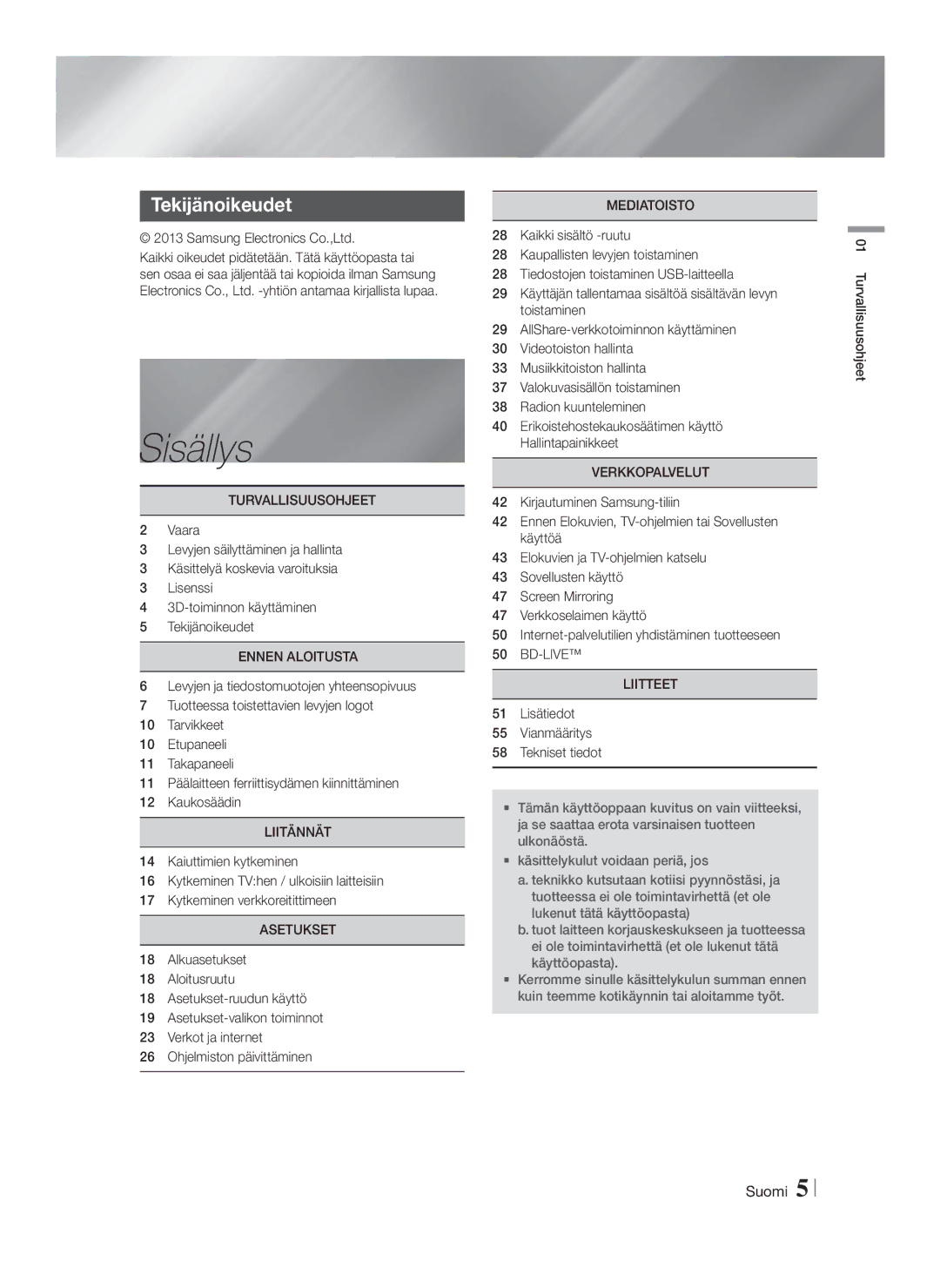 Samsung HT-FS9200/XE manual Sisällys, Tekijänoikeudet 