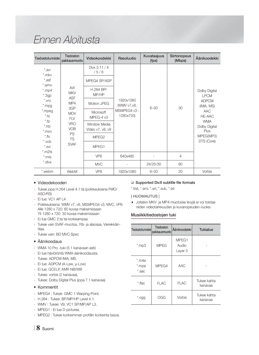 Samsung HT-FS9200/XE manual  Videodekooderi,  Äänikoodaus,  Kommentit, Musiikkitiedostojen tuki 