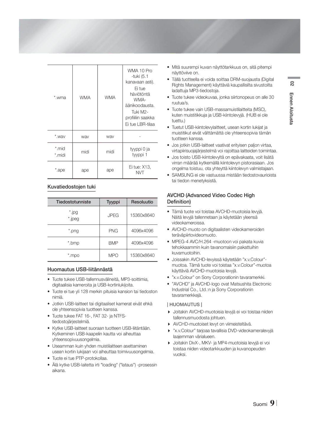 Samsung HT-FS9200/XE manual Kuvatiedostojen tuki, Huomautus USB-liitännästä, Wma 