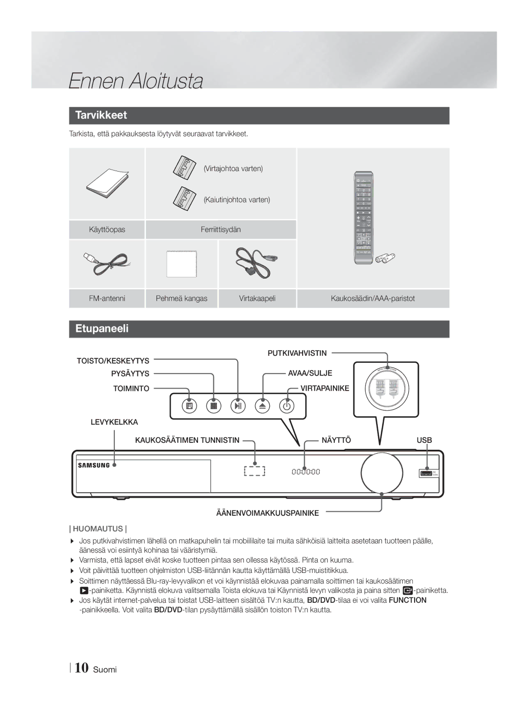 Samsung HT-FS9200/XE manual Tarvikkeet, Etupaneeli, Putkivahvistin TOISTO/KESKEYTYS Pysäytys 