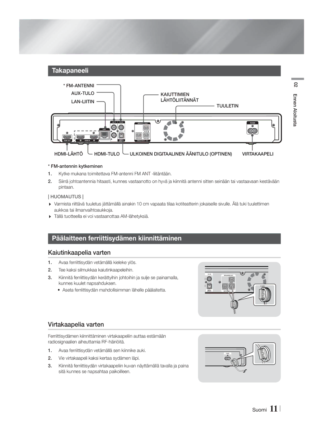 Samsung HT-FS9200/XE manual Takapaneeli, Päälaitteen ferriittisydämen kiinnittäminen, Kaiutinkaapelia varten 