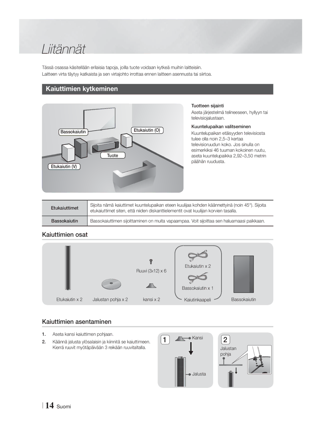 Samsung HT-FS9200/XE manual Liitännät, Kaiuttimien kytkeminen, Kaiuttimien osat, Kaiuttimien asentaminen 