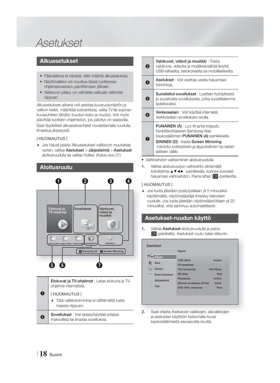 Samsung HT-FS9200/XE manual Alkuasetukset, Aloitusruutu, Asetukset-ruudun käyttö 