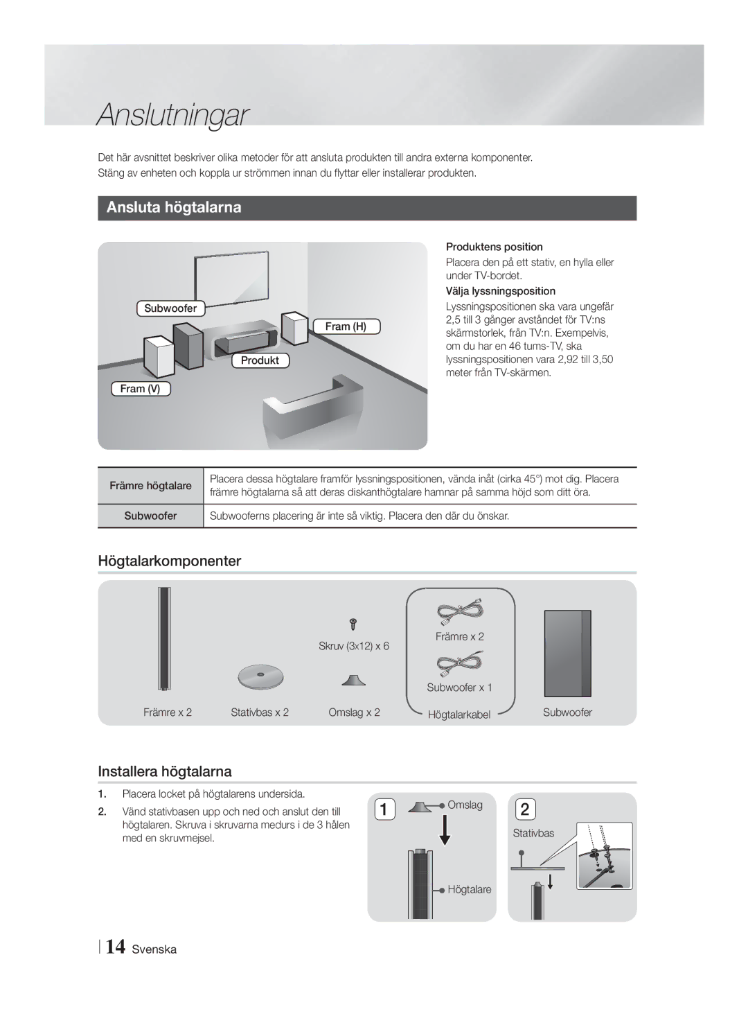 Samsung HT-FS9200/XE manual Anslutningar, Ansluta högtalarna, Högtalarkomponenter, Installera högtalarna 