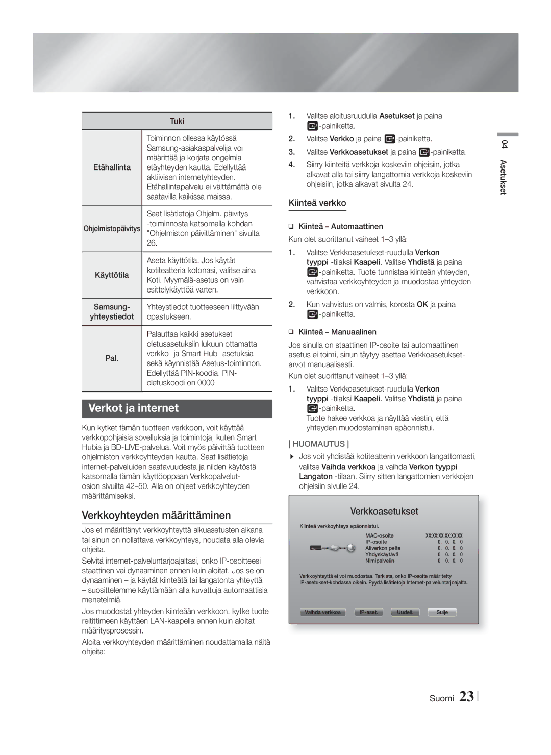 Samsung HT-FS9200/XE manual Verkot ja internet, Verkkoyhteyden määrittäminen, Kiinteä verkko, Verkkoasetukset 