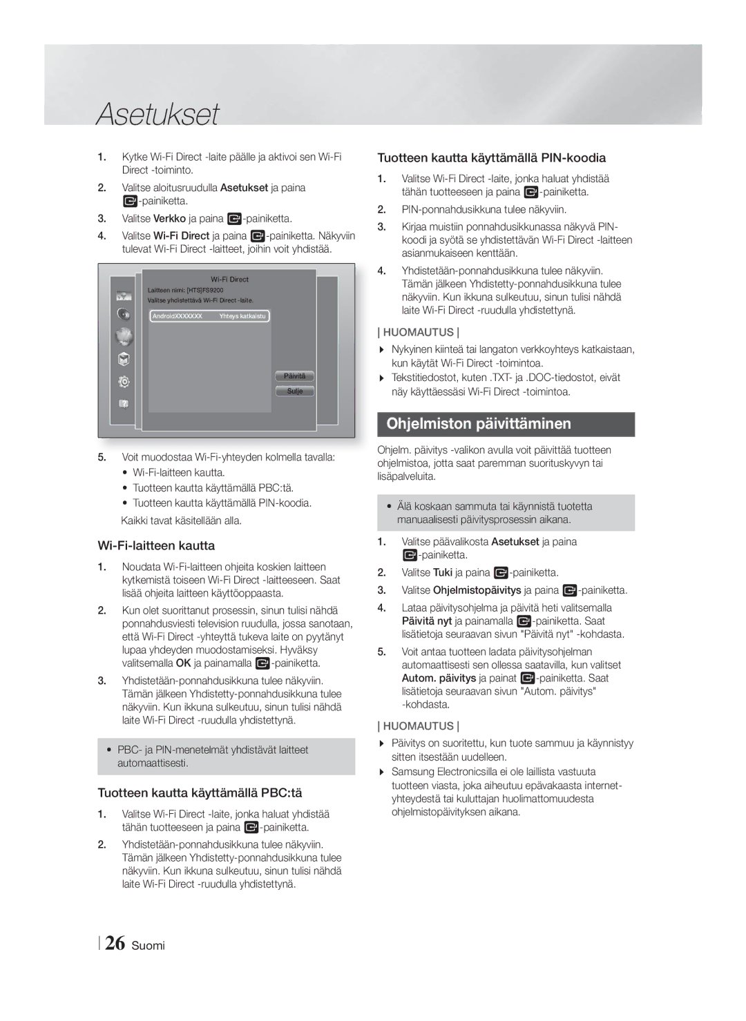 Samsung HT-FS9200/XE manual Ohjelmiston päivittäminen, Wi-Fi-laitteen kautta, Tuotteen kautta käyttämällä PBCtä 