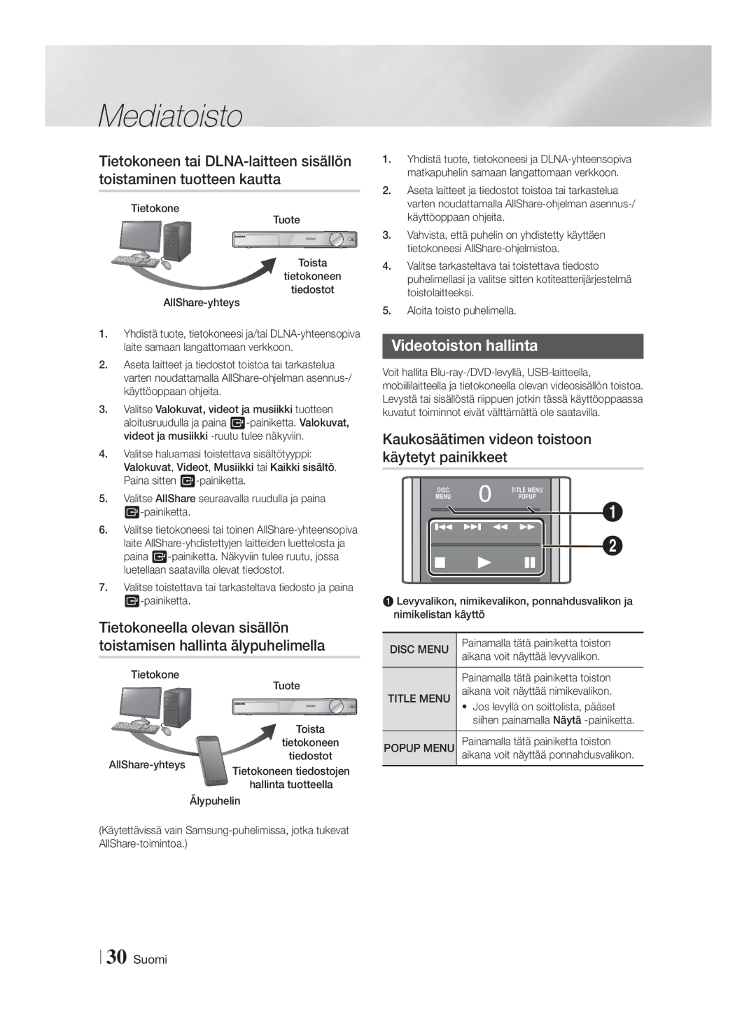 Samsung HT-FS9200/XE manual Videotoiston hallinta, Kaukosäätimen videon toistoon käytetyt painikkeet 