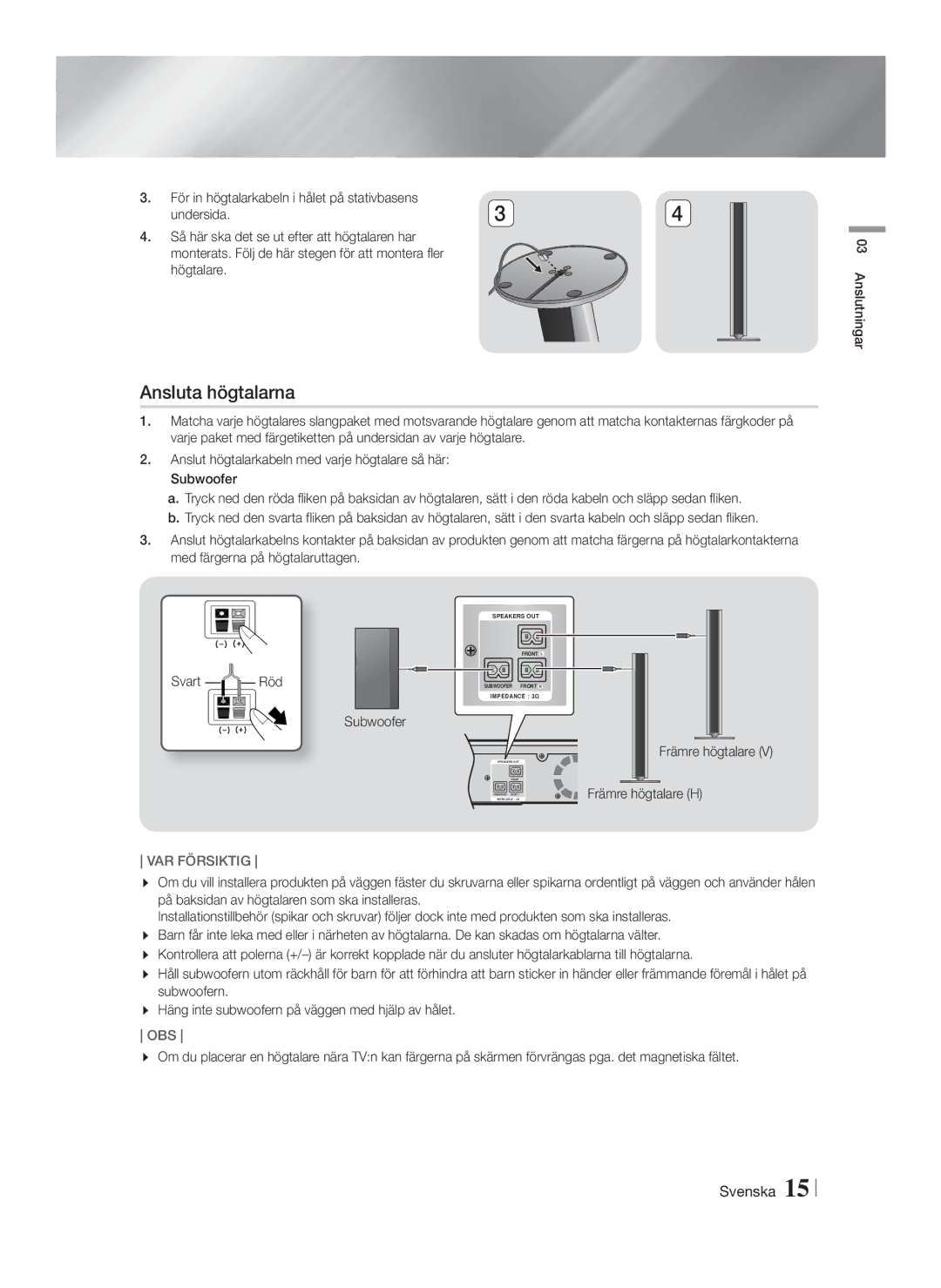 Samsung HT-FS9200/XE manual Ansluta högtalarna, Svart Röd 