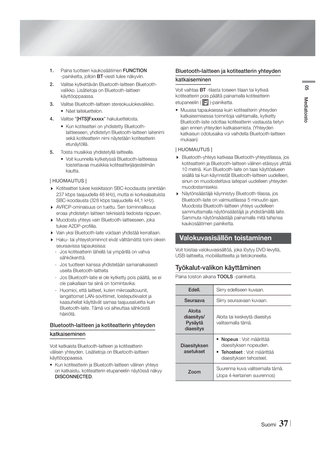 Samsung HT-FS9200/XE manual Valokuvasisällön toistaminen, Työkalut-valikon käyttäminen, Disconnected 