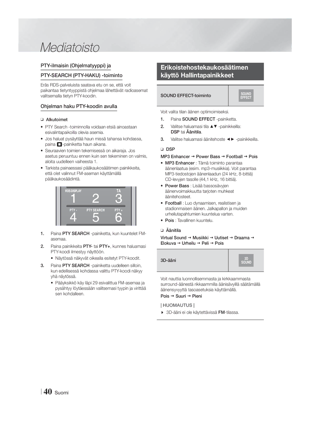 Samsung HT-FS9200/XE manual Erikoistehostekaukosäätimen Käyttö Hallintapainikkeet, Ohjelman haku PTY-koodin avulla 