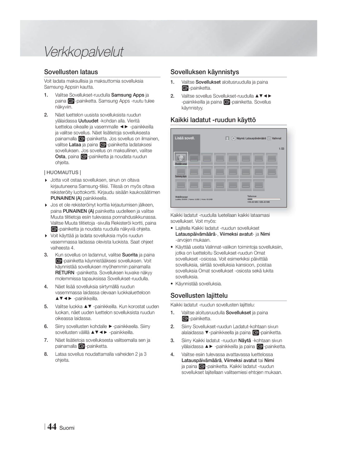 Samsung HT-FS9200/XE Sovellusten lataus, Sovelluksen käynnistys, Kaikki ladatut -ruudun käyttö, Sovellusten lajittelu 