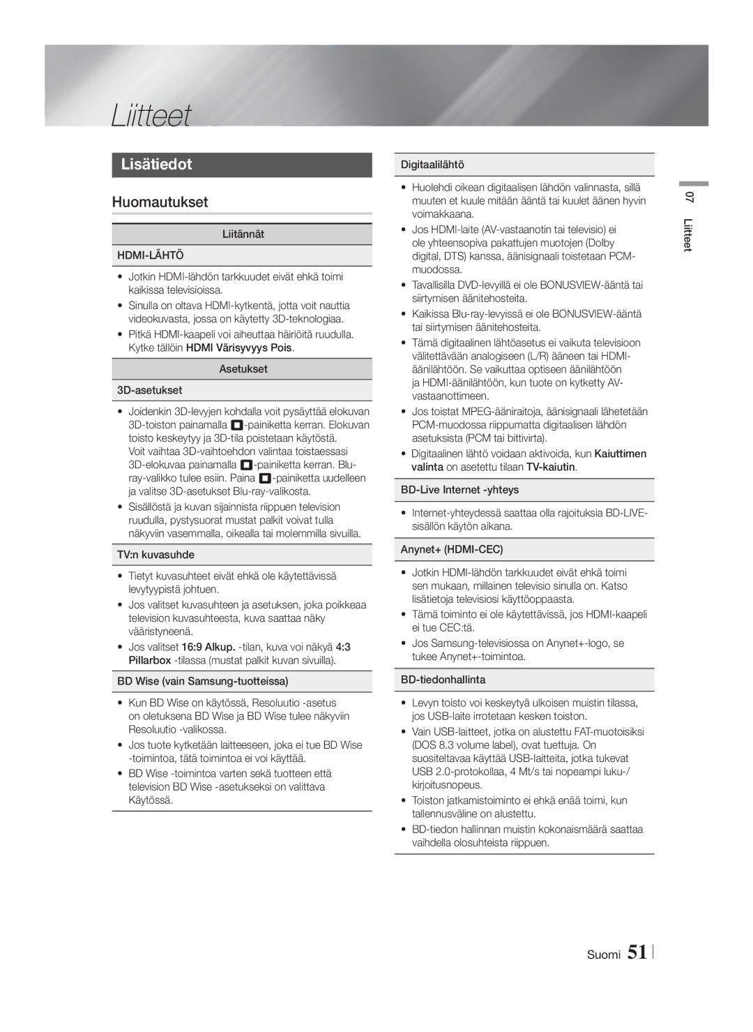 Samsung HT-FS9200/XE manual Liitteet, Lisätiedot, Huomautukset, Hdmi-Lähtö 