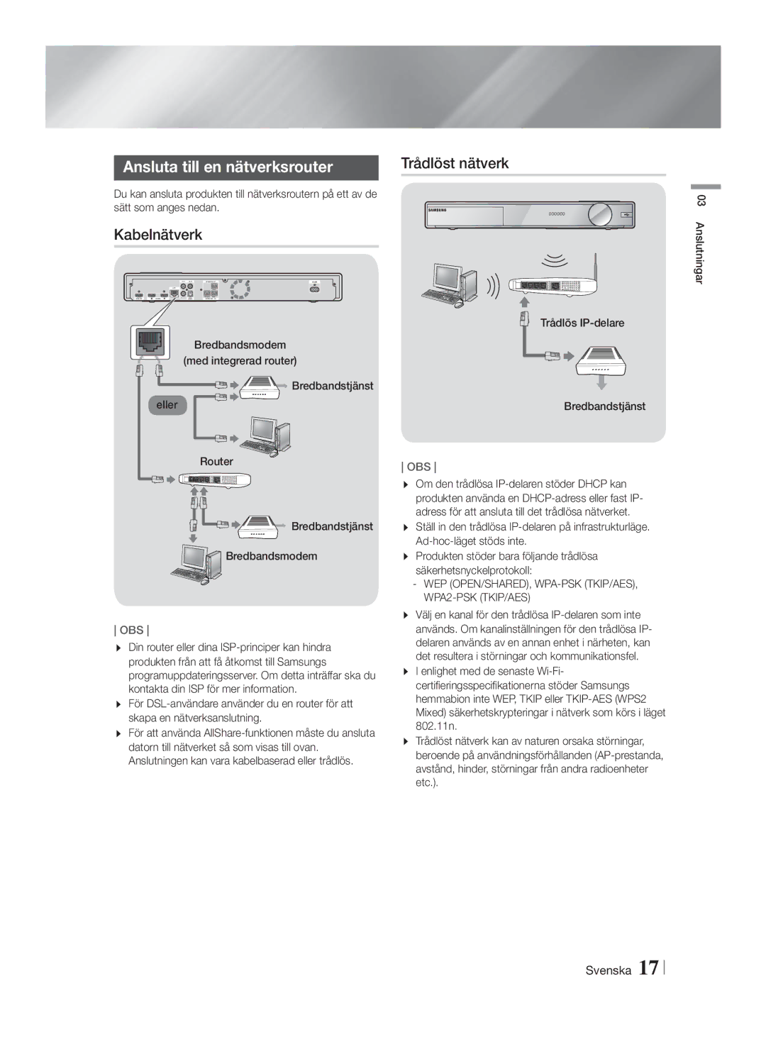 Samsung HT-FS9200/XE manual Ansluta till en nätverksrouter, Kabelnätverk, Trådlös IP-delare Bredbandstjänst 