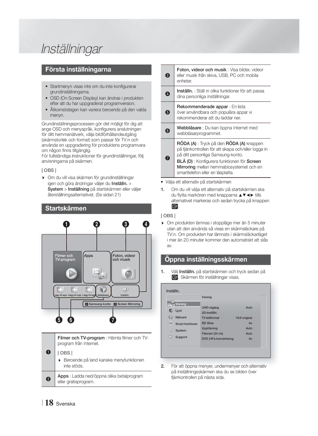 Samsung HT-FS9200/XE manual Inställningar, Första inställningarna, Startskärmen, Öppna inställningsskärmen 