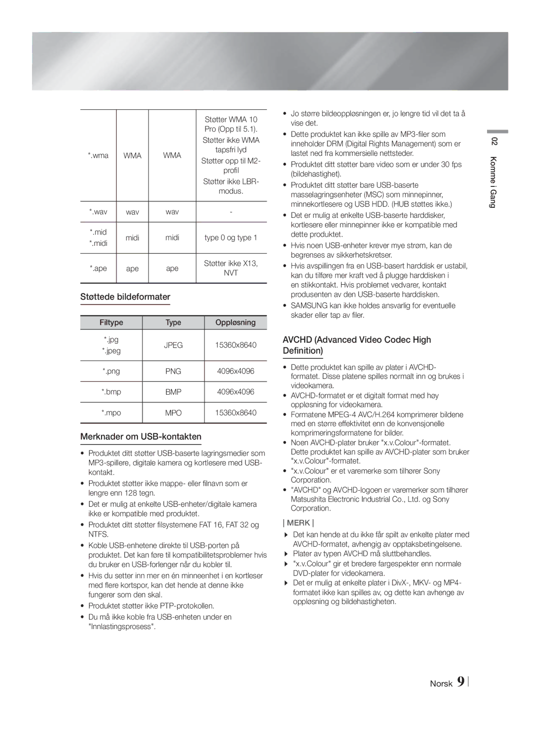 Samsung HT-FS9200/XE manual Merknader om USB-kontakten 