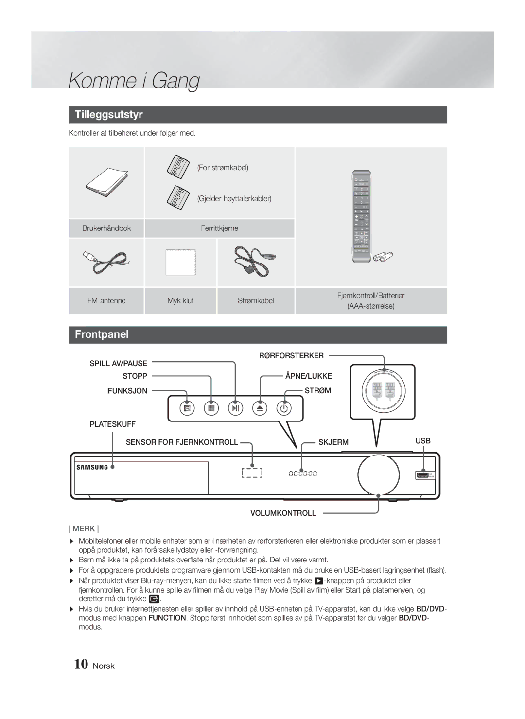 Samsung HT-FS9200/XE manual Tilleggsutstyr, Rørforsterker, Funksjon Strøm, Sensor for Fjernkontroll Skjerm, Volumkontroll 