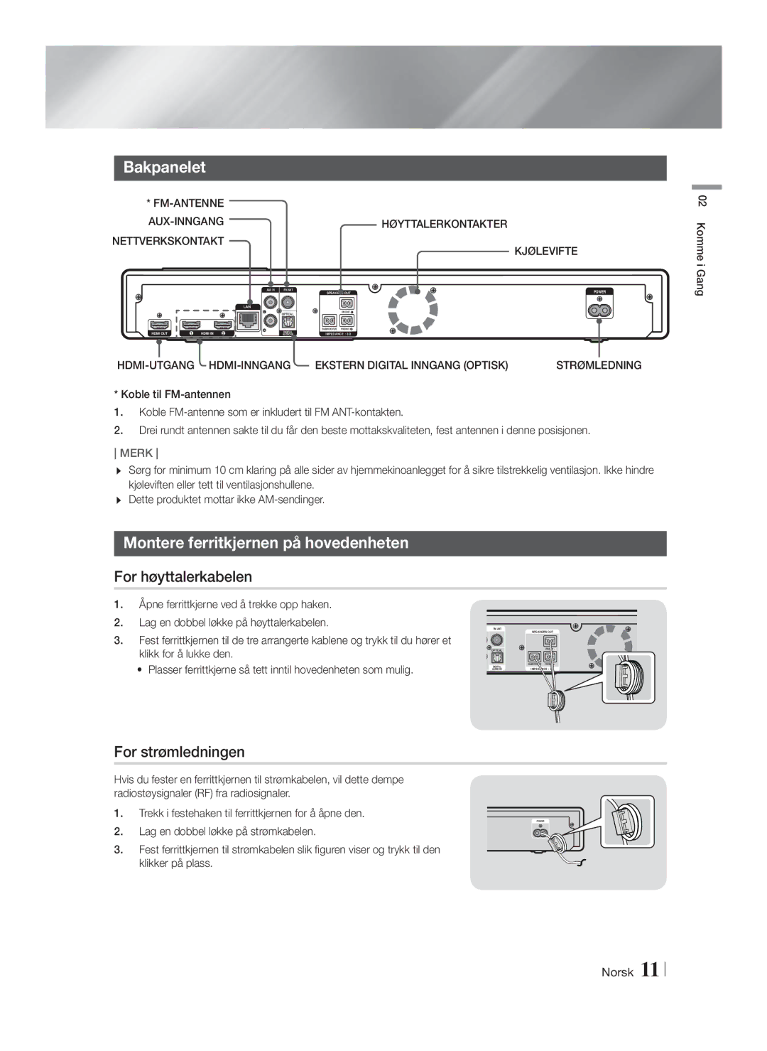 Samsung HT-FS9200/XE manual Bakpanelet, Montere ferritkjernen på hovedenheten, For høyttalerkabelen, For strømledningen 