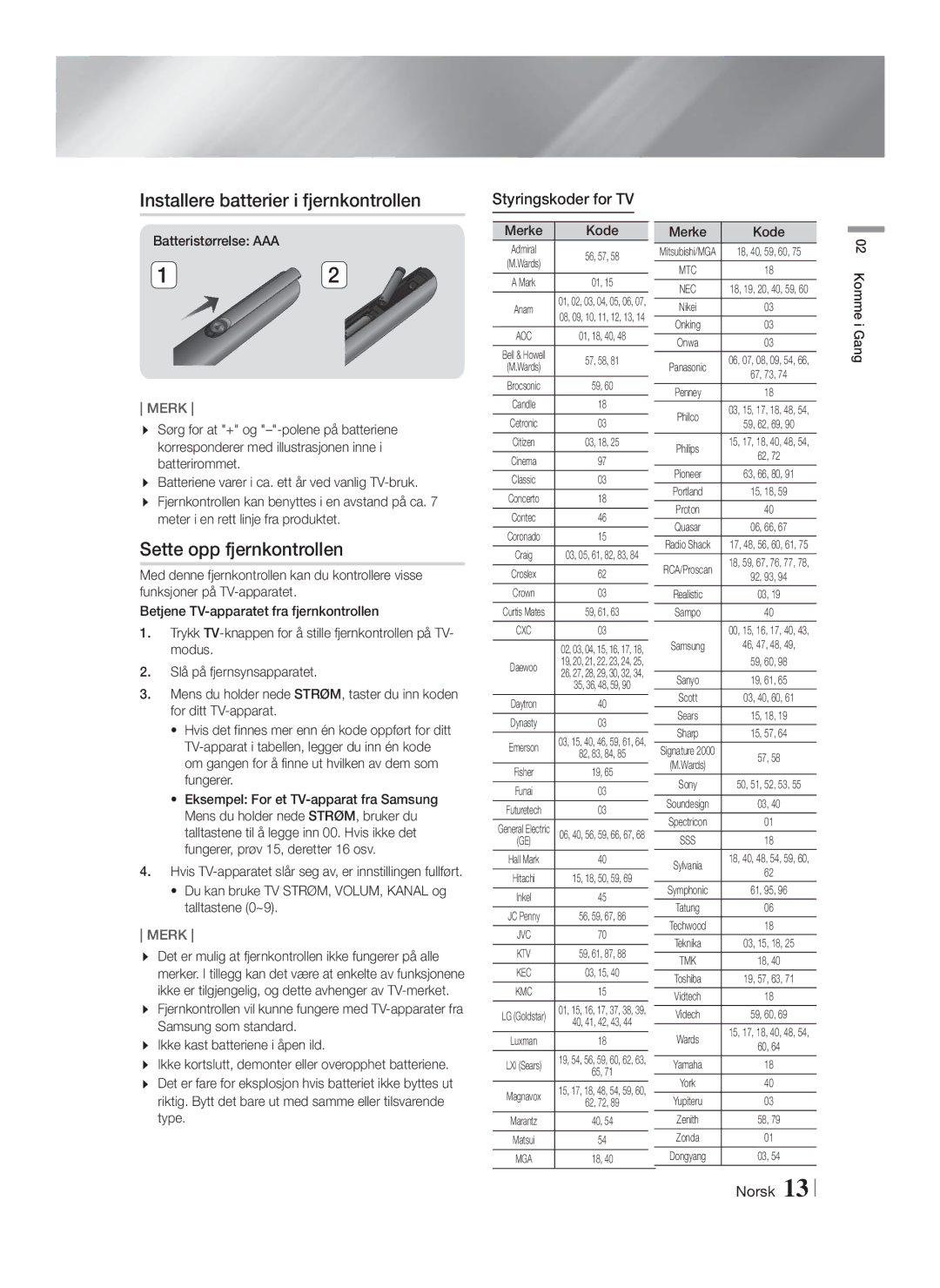 Samsung HT-FS9200/XE Installere batterier i fjernkontrollen, Sette opp fjernkontrollen, Styringskoder for TV, Merke Kode 