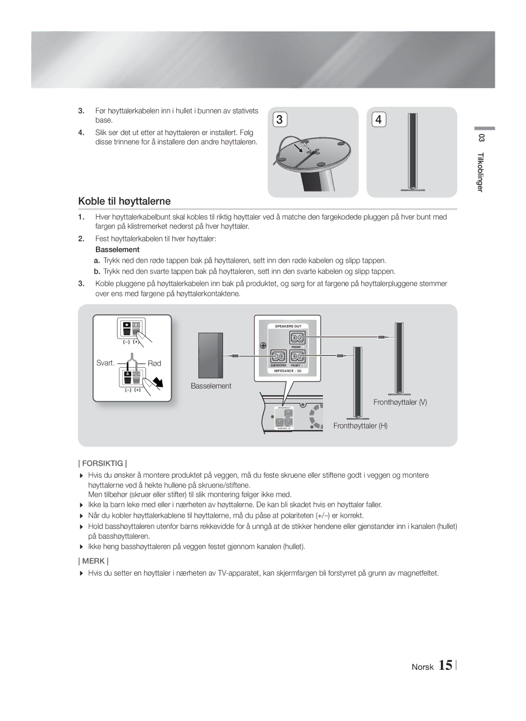 Samsung HT-FS9200/XE manual Koble til høyttalerne, Fronthøyttaler, Tilkoblinger 