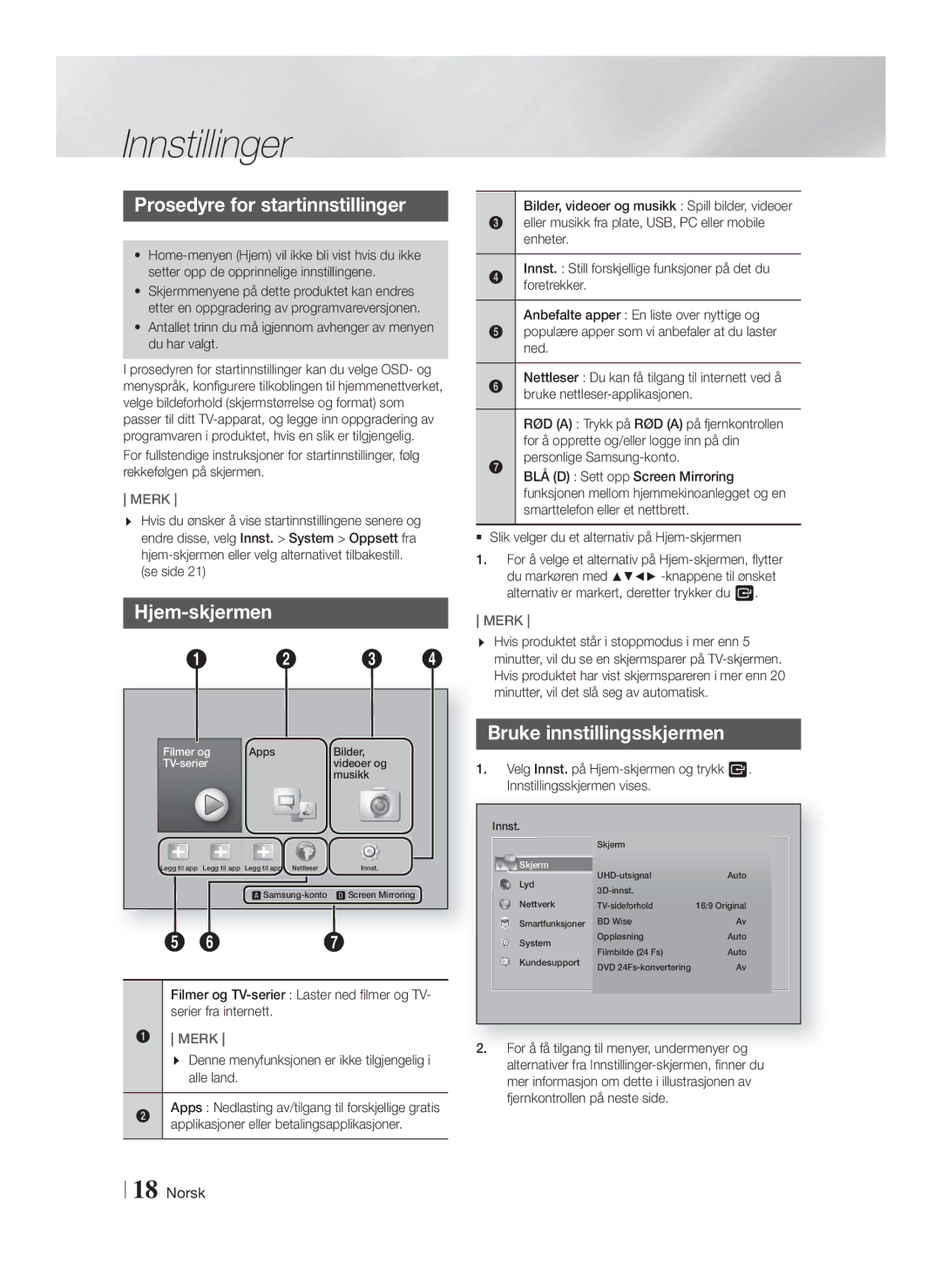 Samsung HT-FS9200/XE manual Innstillinger, Prosedyre for startinnstillinger, Hjem-skjermen, Bruke innstillingsskjermen 