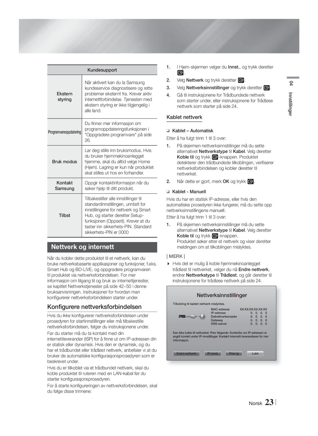 Samsung HT-FS9200/XE Nettverk og internett, Konfigurere nettverksforbindelsen, Kablet nettverk, Nettverksinnstillinger 