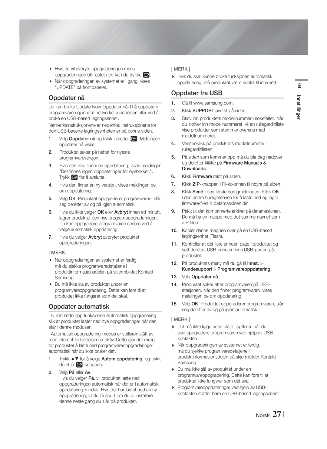 Samsung HT-FS9200/XE manual Oppdater nå, Oppdater automatisk, Oppdater fra USB 