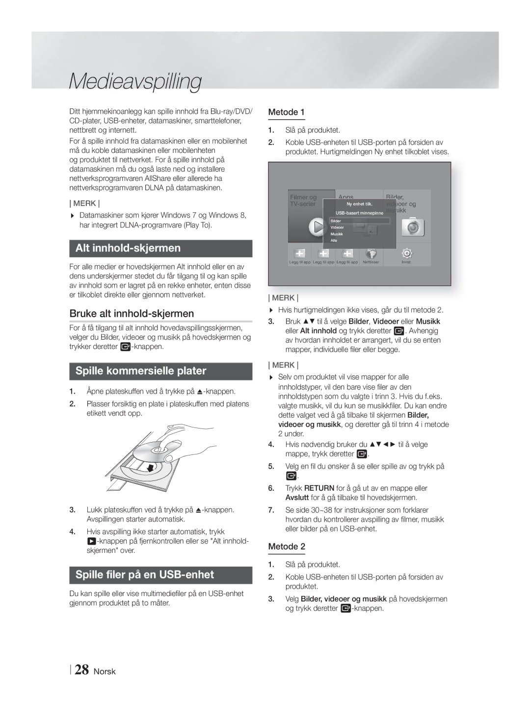 Samsung HT-FS9200/XE manual Medieavspilling, Alt innhold-skjermen, Bruke alt innhold-skjermen, Spille kommersielle plater 