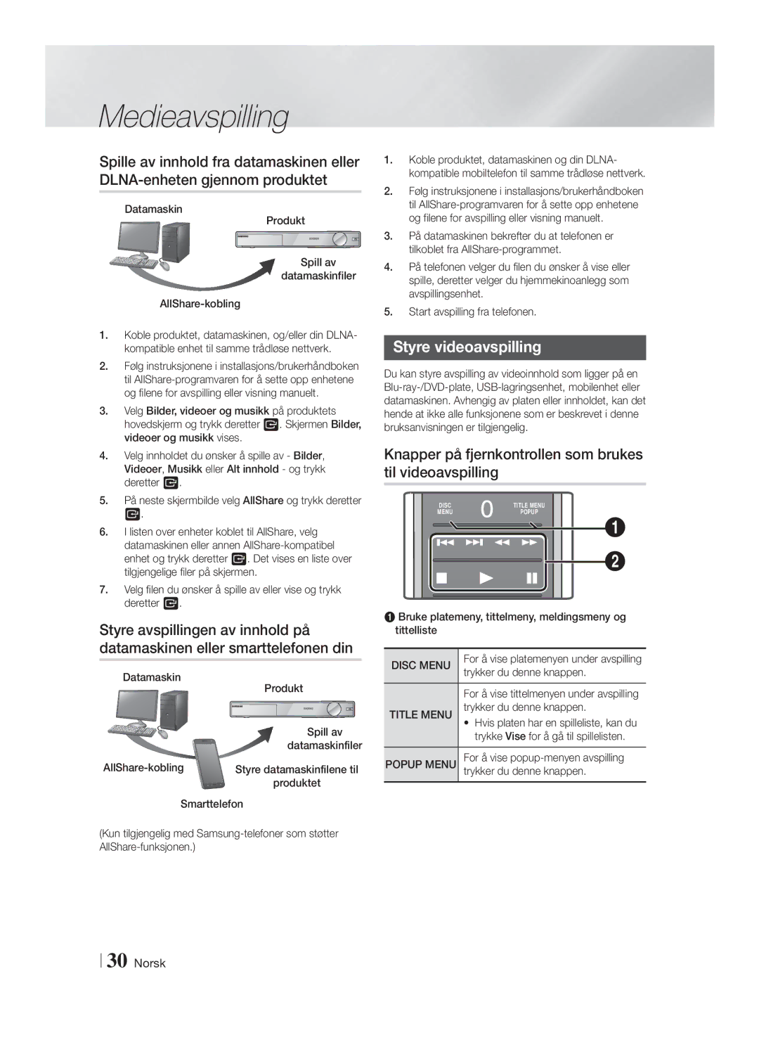 Samsung HT-FS9200/XE manual Styre videoavspilling, Knapper på fjernkontrollen som brukes til videoavspilling 