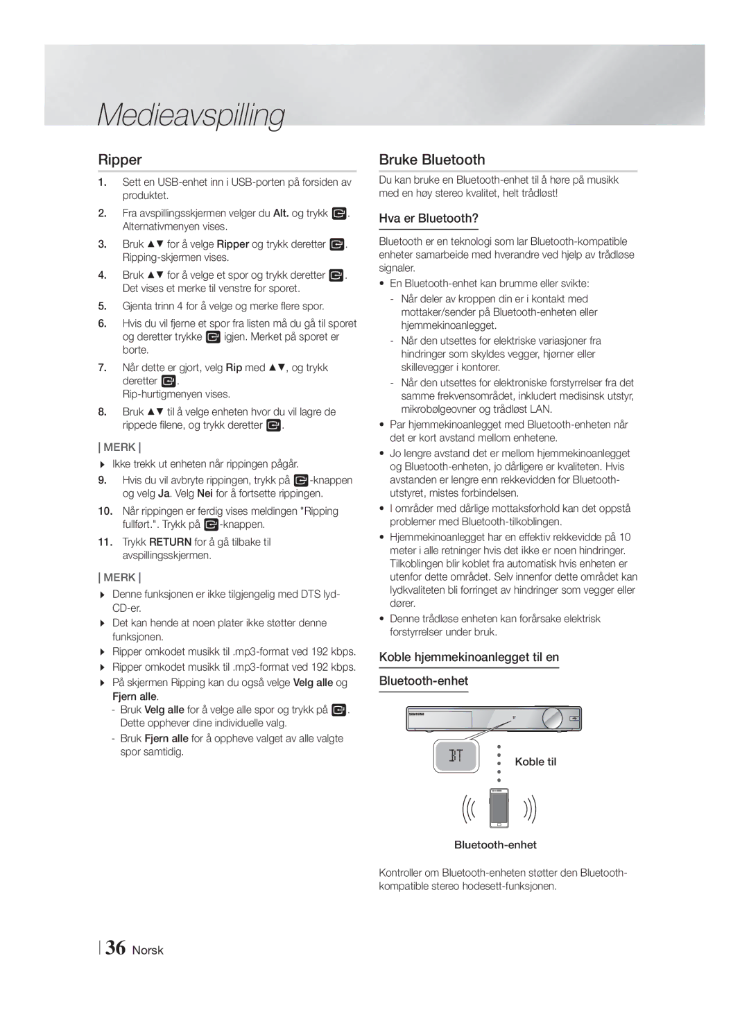 Samsung HT-FS9200/XE manual Bruke Bluetooth, Hva er Bluetooth?, Koble hjemmekinoanlegget til en Bluetooth-enhet 