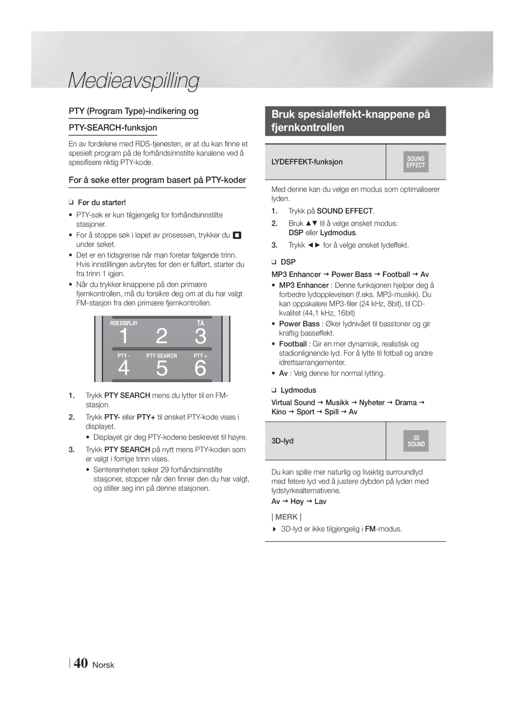 Samsung HT-FS9200/XE Bruk spesialeffekt-knappene på Fjernkontrollen, PTY Program Type-indikering og PTY-SEARCH-funksjon 