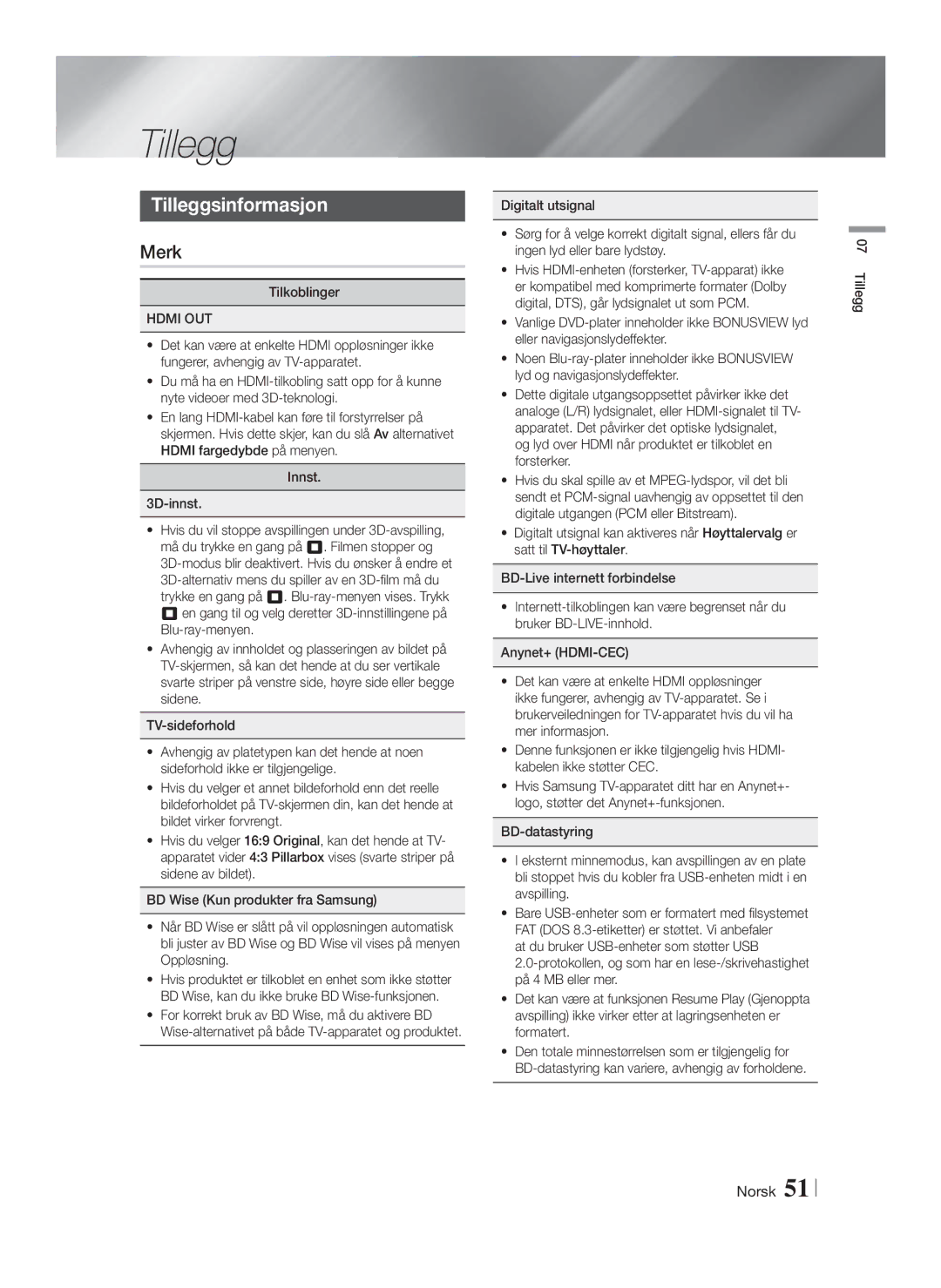 Samsung HT-FS9200/XE manual Tilleggsinformasjon, Merk, Hdmi OUT 