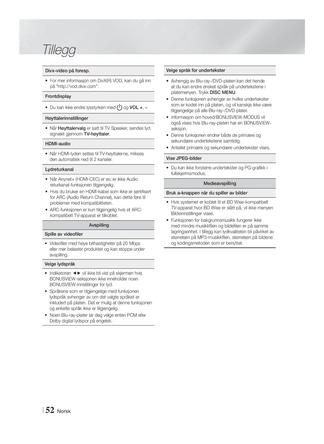 Samsung HT-FS9200/XE manual Tillegg 