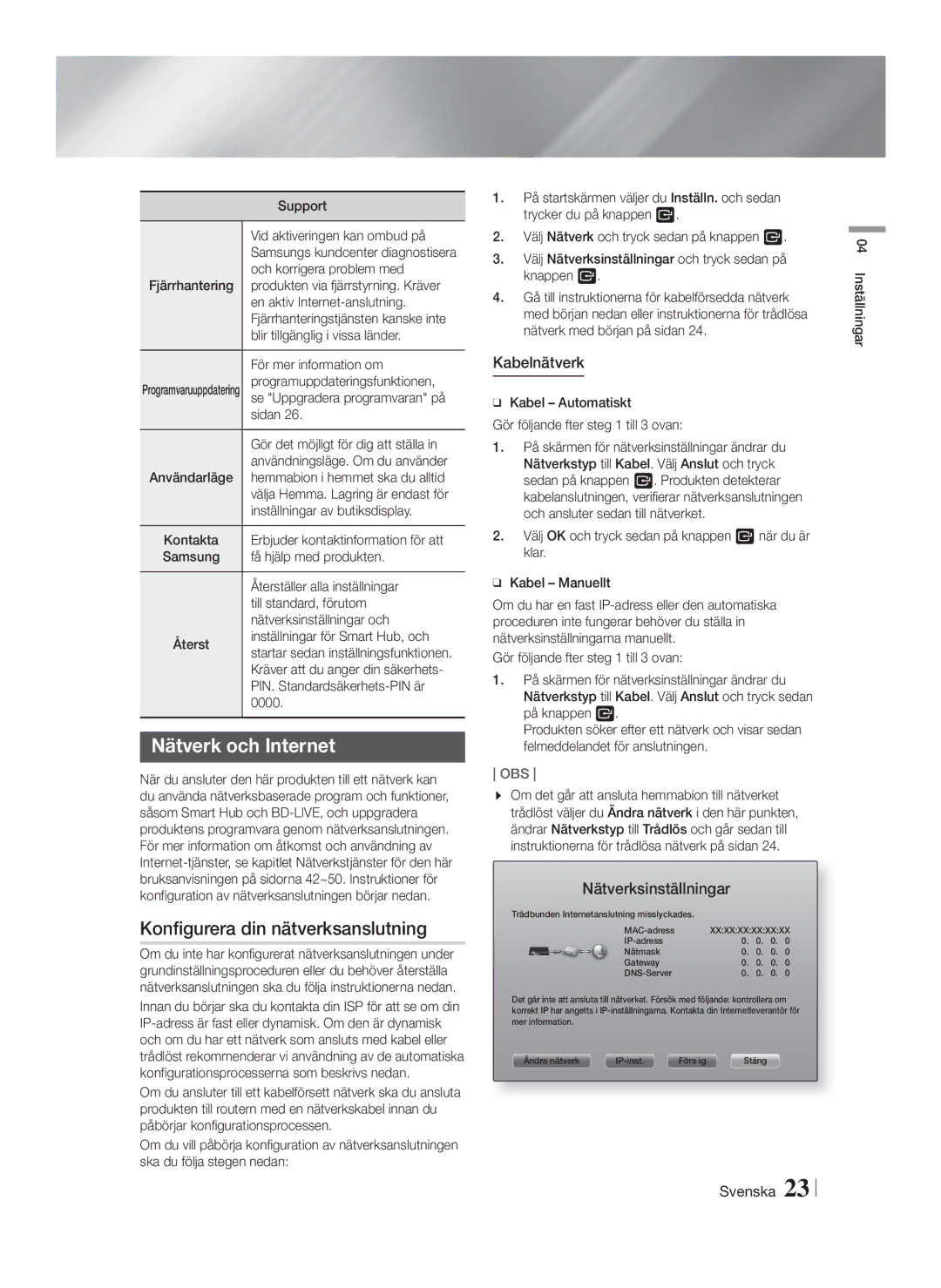 Samsung HT-FS9200/XE manual Nätverk och Internet, Konfigurera din nätverksanslutning, Kabelnätverk, Nätverksinställningar 