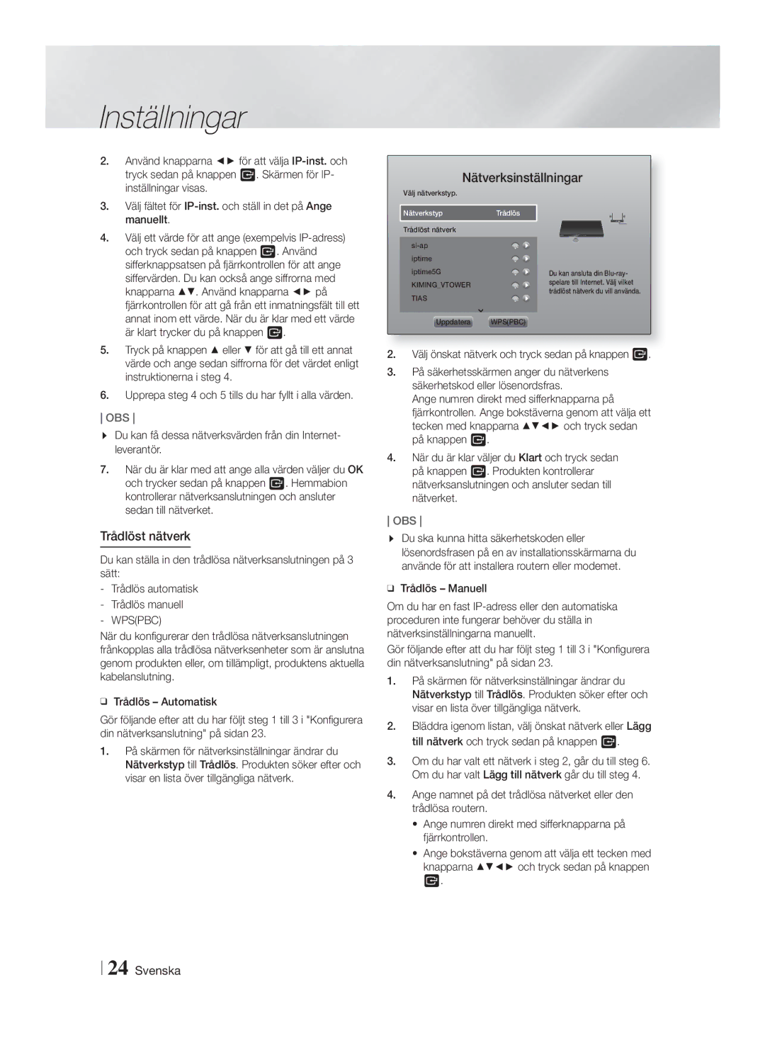 Samsung HT-FS9200/XE manual Trådlöst nätverk, Wpspbc 